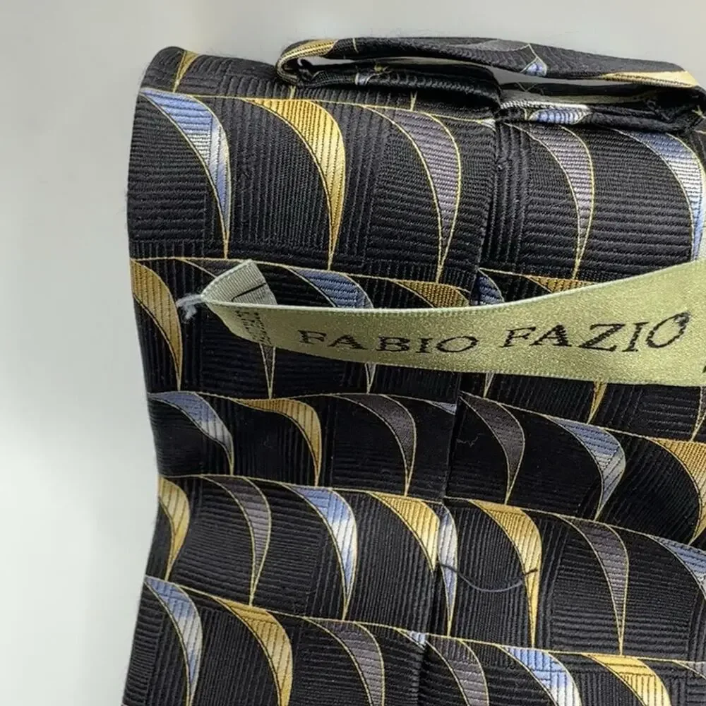 Fabio Fazio‎ Silk Tie 59” 4” Wide Black Gold Blue Geometric Handmade